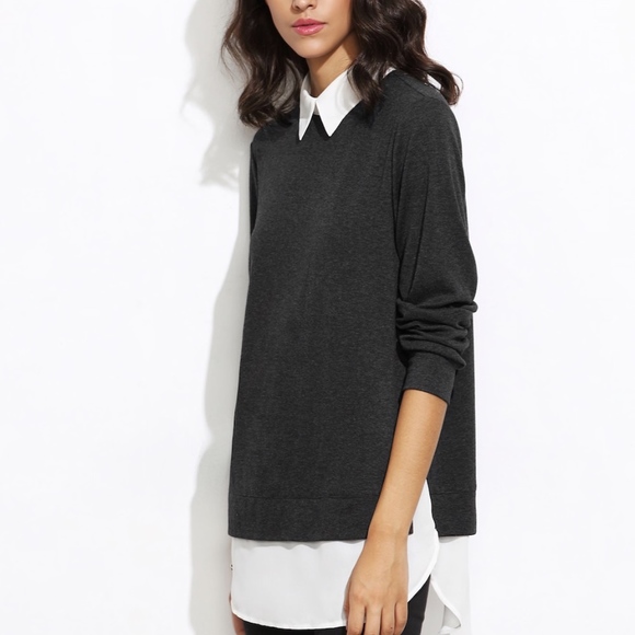 Contrast Collar Curved Hem 2-in-1 Sweater - Picture 5 of 5